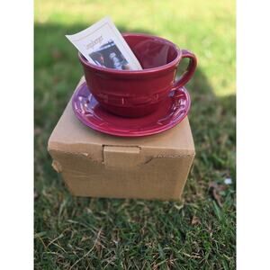 Longaberger Woven Traditions Cappuccino Cup Saucer Set Mug Paprika Maroon New